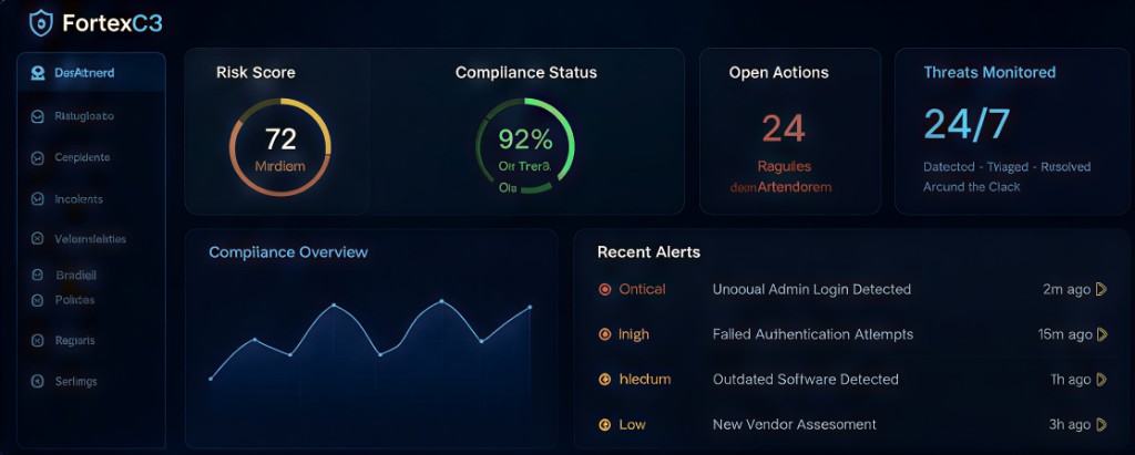 FortexC3 dashboard preview showing risk score, compliance status, open actions, threats monitored, and recent alerts