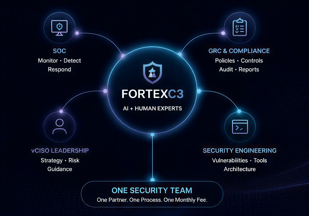 FortexC3 security team diagram connecting SOC, GRC and compliance, vCISO leadership, and security engineering
